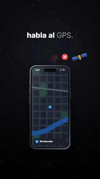 Escena con un celular que muestra un mapa con el punto azul de ubicación y el subtítulo «habla al GPS»