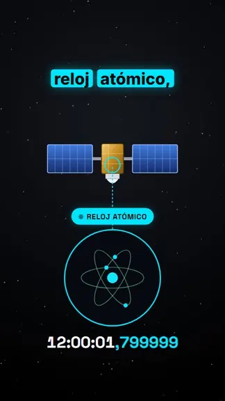 Satélite con etiqueta de reloj atómico, átomo animado y reloj digital, con la palabra clave resaltada en turquesa